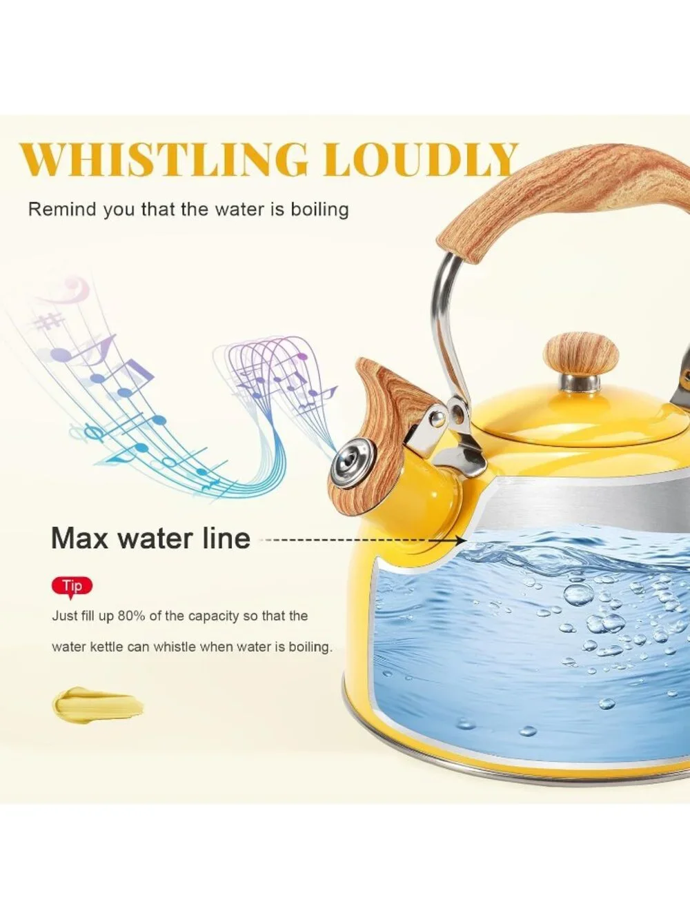 GGC Yellow Stainless Steel Kettles 2.6QT Whistling Stove Top Folding Wood Handle